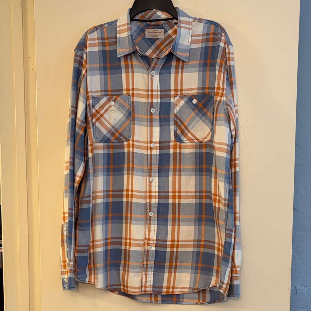NWT Weatherproof Men's Blue, Brown & White Plaid Button-Down Long Sleeve Shirt,L